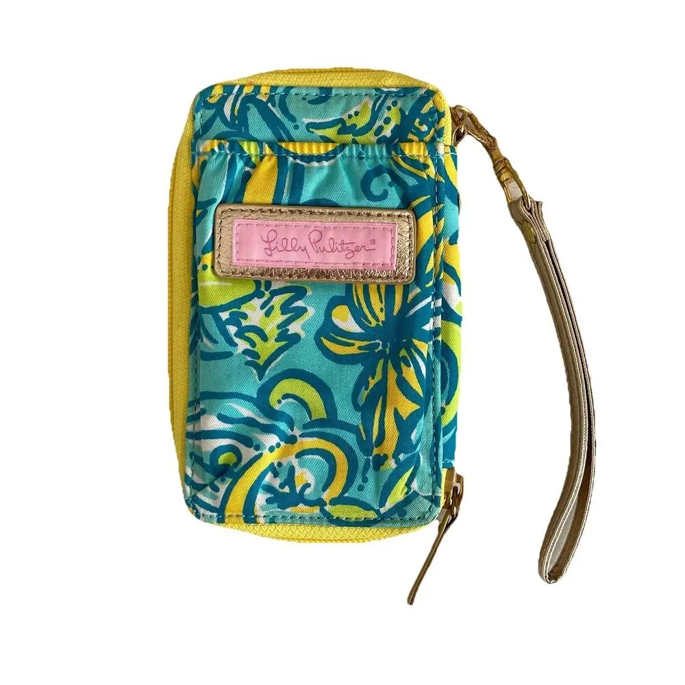 Lilly Pulitzer Wristlet Card Coin Wallet Removable Strap Blue Yellow Gold Floral